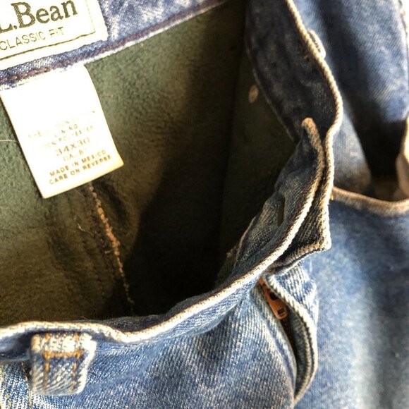 LL Bean Jeans Mens 34x30 Blue Medium Wash Green Fleece Lined Thermal 90s Classic - Picture 4 of 8